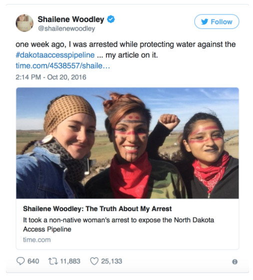 Shailene Woodley tweets about her #NoDAPL arrest