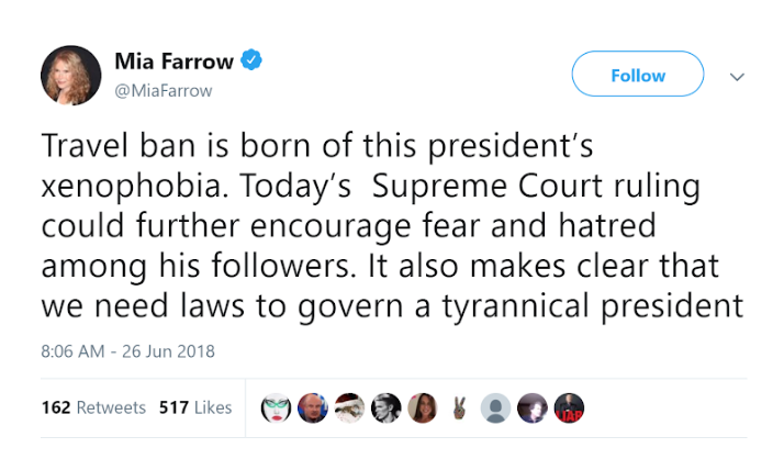 #NoBanNoWall Mia Farrow Tweet