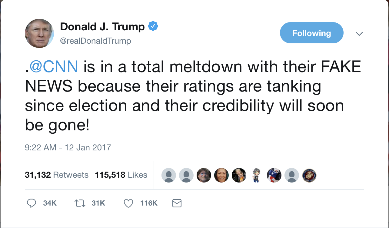 Donald Trump reflects the #FakeNews claims about the election with his 2017 tweet.